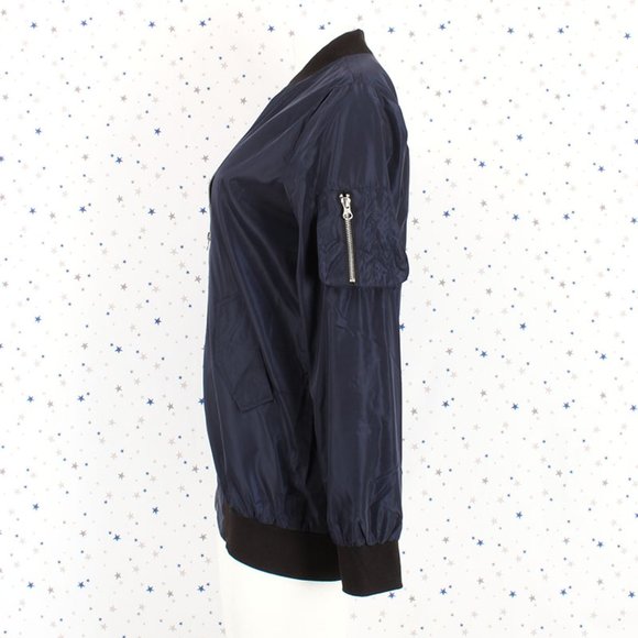 Navy Long Zip Up Bomber Jacket - Picture 5 of 10
